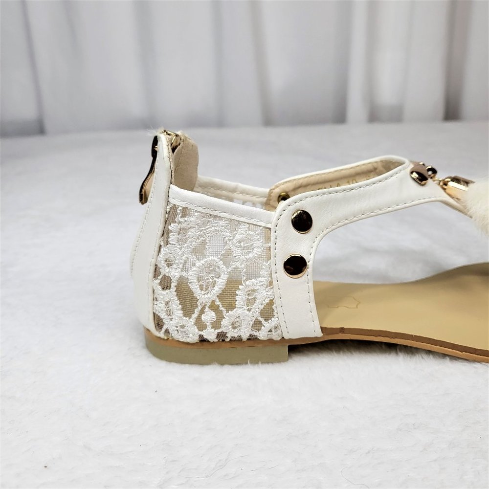 SilverDew White Summer Sandals Faux Fur Pom Poms - Picture 7 of 9